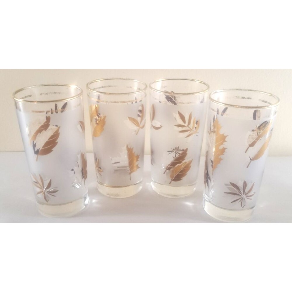 Vintage Gold Leaf Frosted Drinking Glasses High Ball Tumblers 4 Mid Century